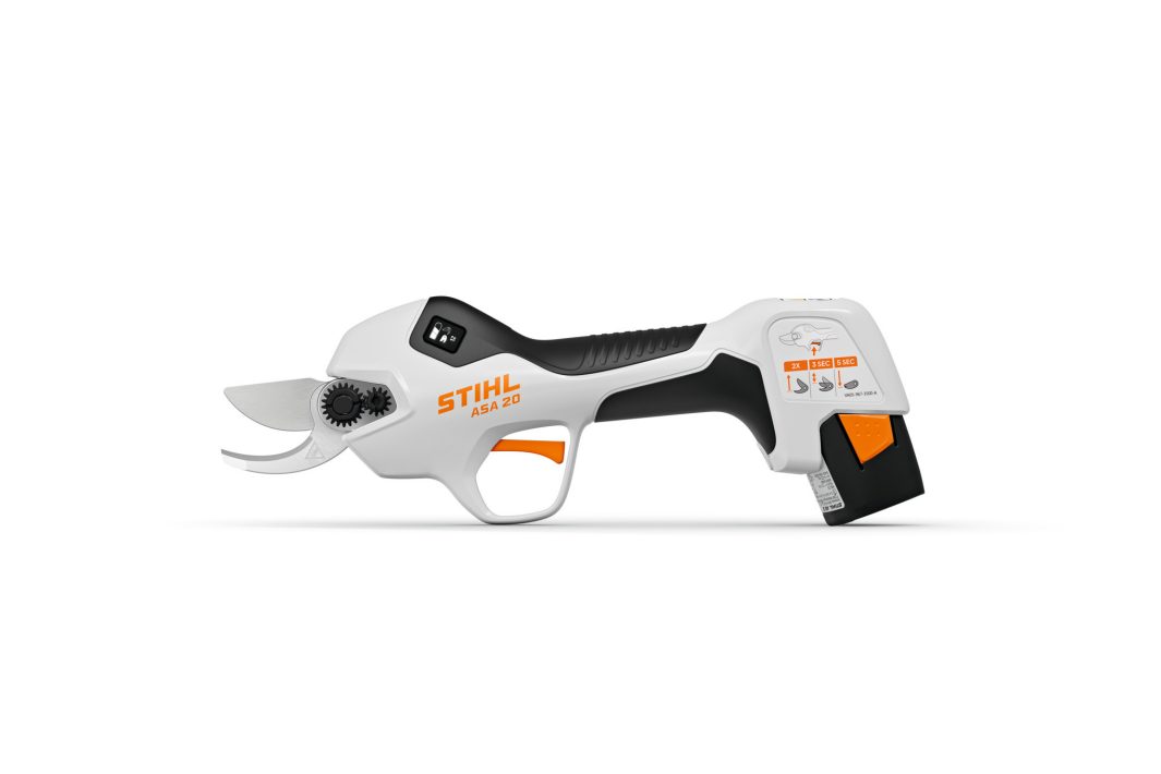 A white and black Stihl ASA 20.0 (AS) cordless electric pruning tool with a trigger handle, blade, and battery slot on white background.