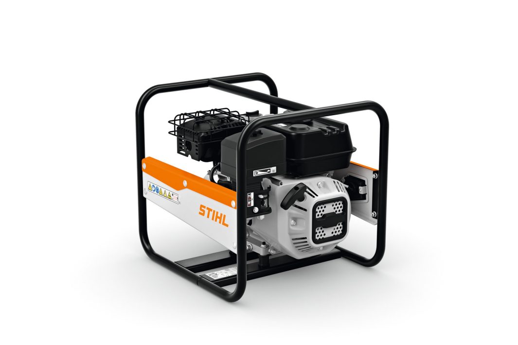 The Stihl WP 300.0 water pump has a metal frame with black and orange highlights and an air vent grille on a white background.