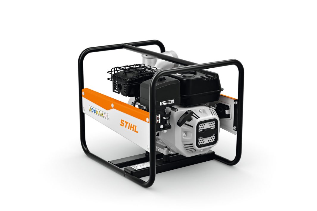 The Stihl WP 600.0 (RoW) water pump with a black frame and silver-orange body is shown on a white background.
