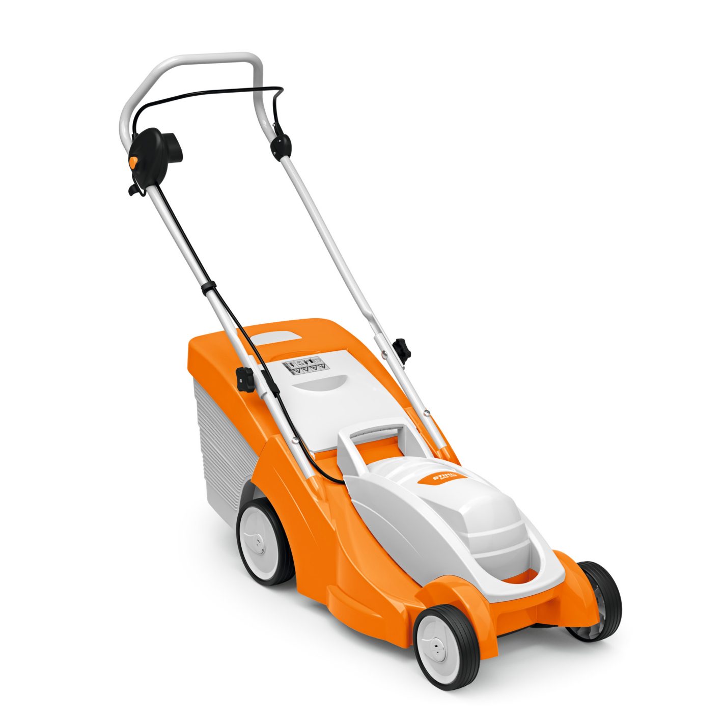The Stihl RME 339.0 Lawn Mower is a modern orange and white mower with a handlebar, four wheels, and rear grass box, shown angled.