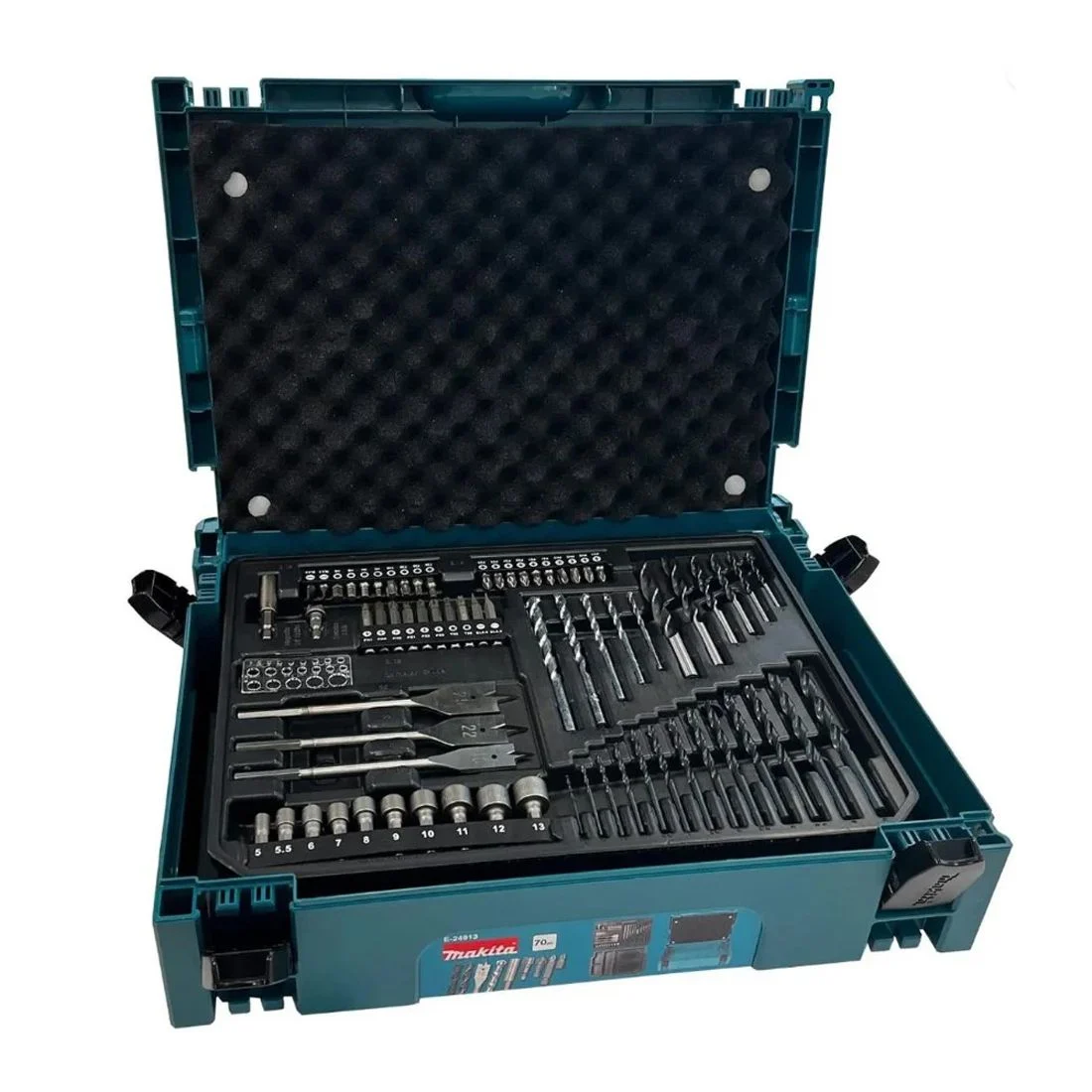 An open teal Makita MakPac case displays organized drill bits, screwdriver bits, sockets, and accessories. Foam lid keeps items secure.