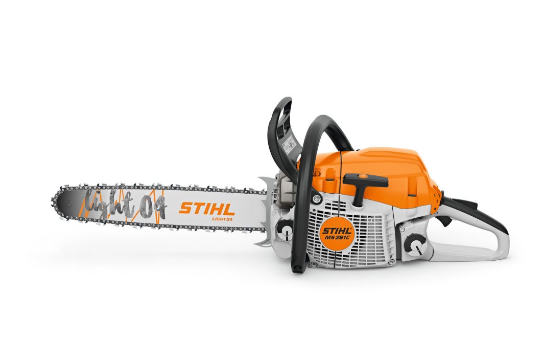 The Stihl MS 261 C-M Chainsaw has an orange and white body with a 16-inch silver chain bar, shown on a white background.