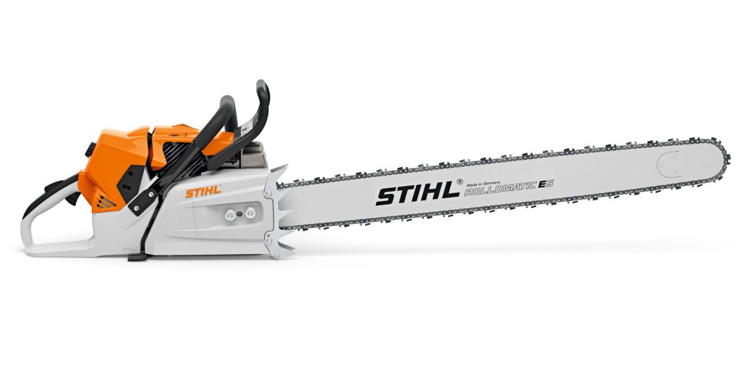 A Stihl MS 881 75cm/30" chainsaw with orange and white motor housing and a long silver blade, viewed from the side on white.