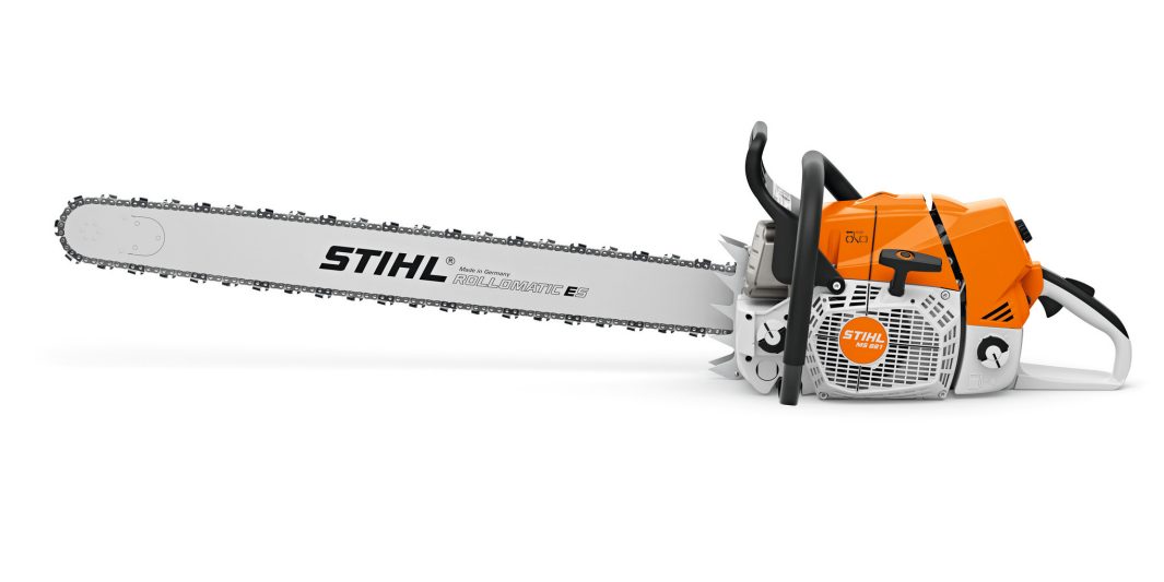 The Stihl MS 881 75cm/30" Chainsaw has an orange and white body, a long silver guide bar, and black handles.