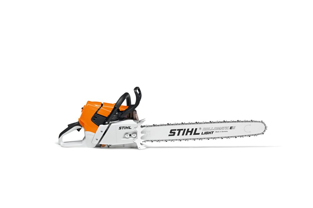 A Stihl MS 661 C-M 71cm/28" ES Chainsaw with an orange and white body and a long silver blade on a white background.