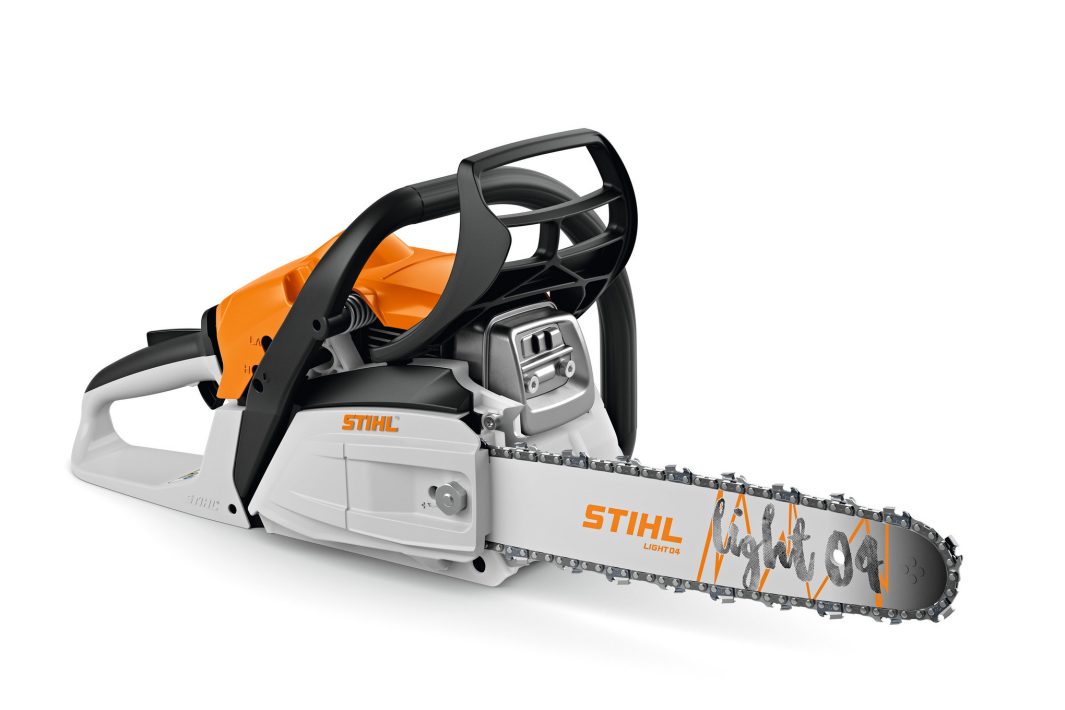 A Stihl MS 212 35cm/14" Chainsaw with an orange and white body and a silver Light 04 blade is on a plain white background.