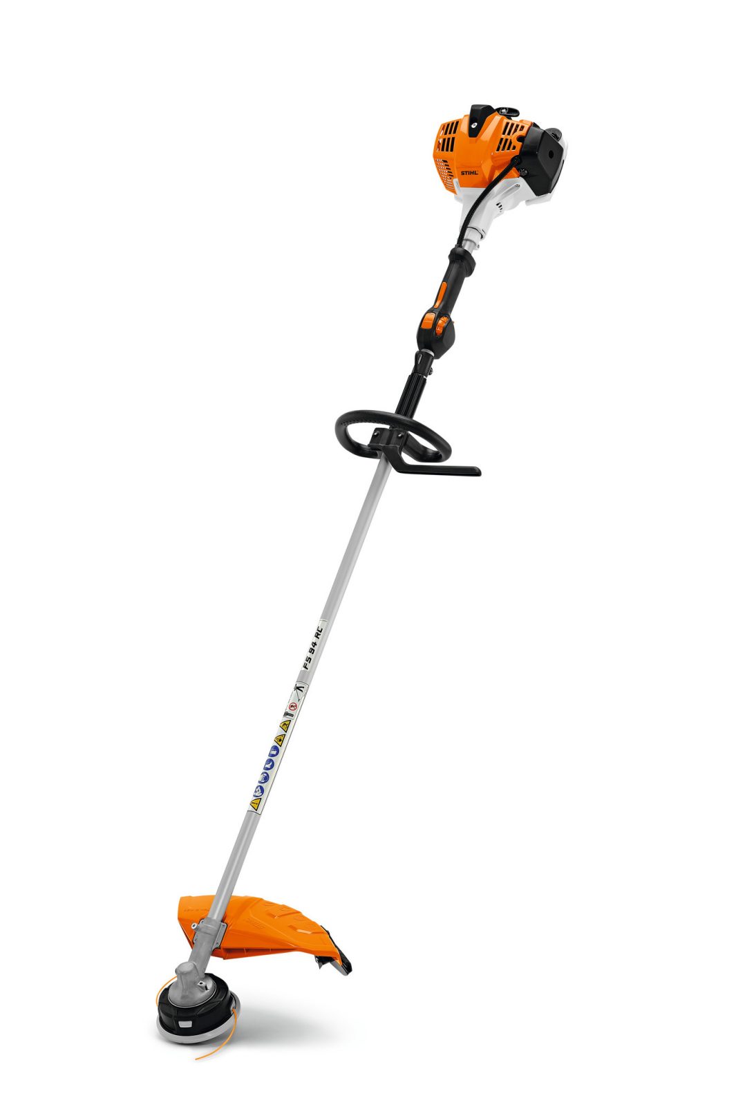 The Stihl FS 94 RC-E Brushcutter stands upright on a white background with an orange and white engine, silver shaft, and black handle.