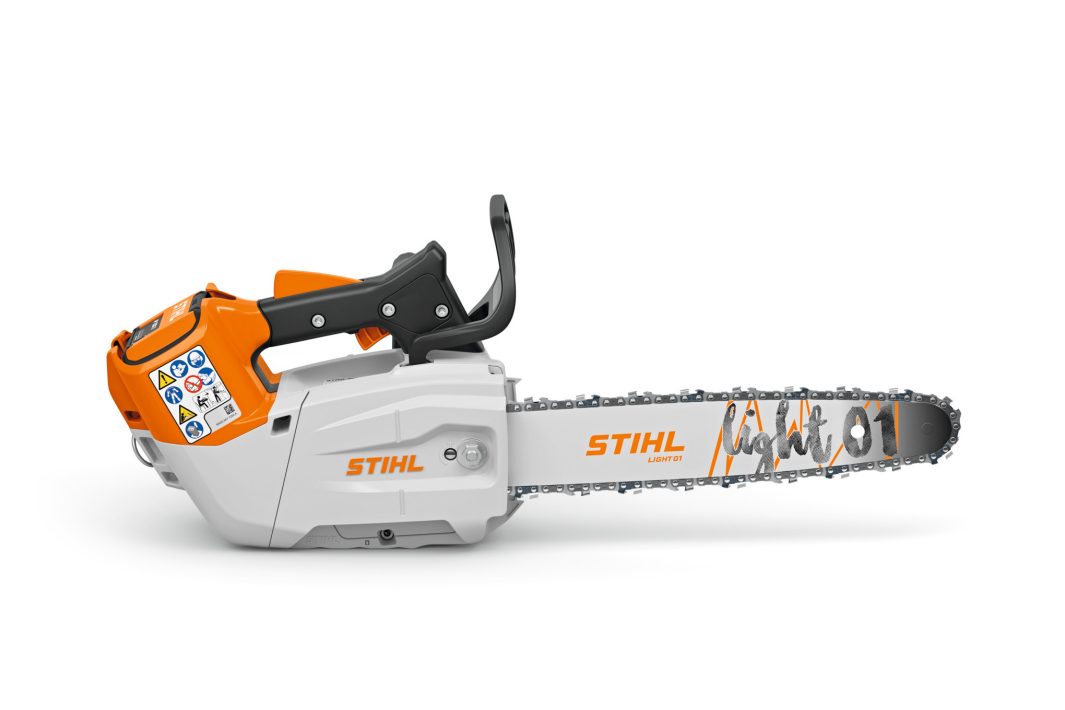 A Stihl MSA 190.0 T cordless chainsaw with a 30cm/12" blade, orange and white body, safety labels, and black handle on white.