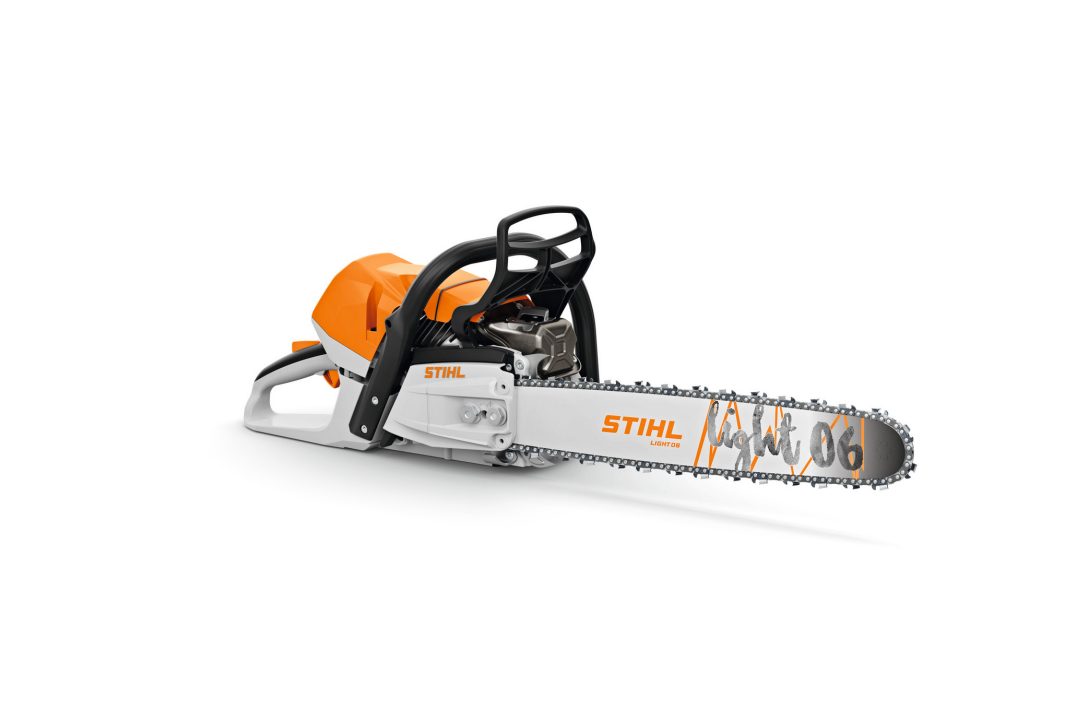 A Stihl MS 400.1 C-M Chainsaw, orange and white body, silver blade, rests on a white background. Logo visible on body and blade.