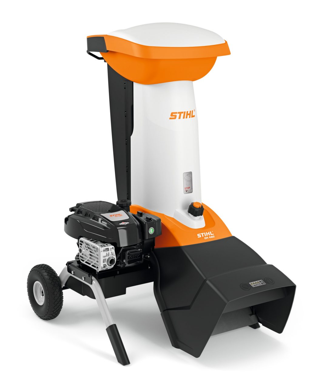 The Stihl GH 460.0 Shredder has an orange, white, and black body with two wheels, sturdy base, funnel-shaped top, and side-mounted motor.