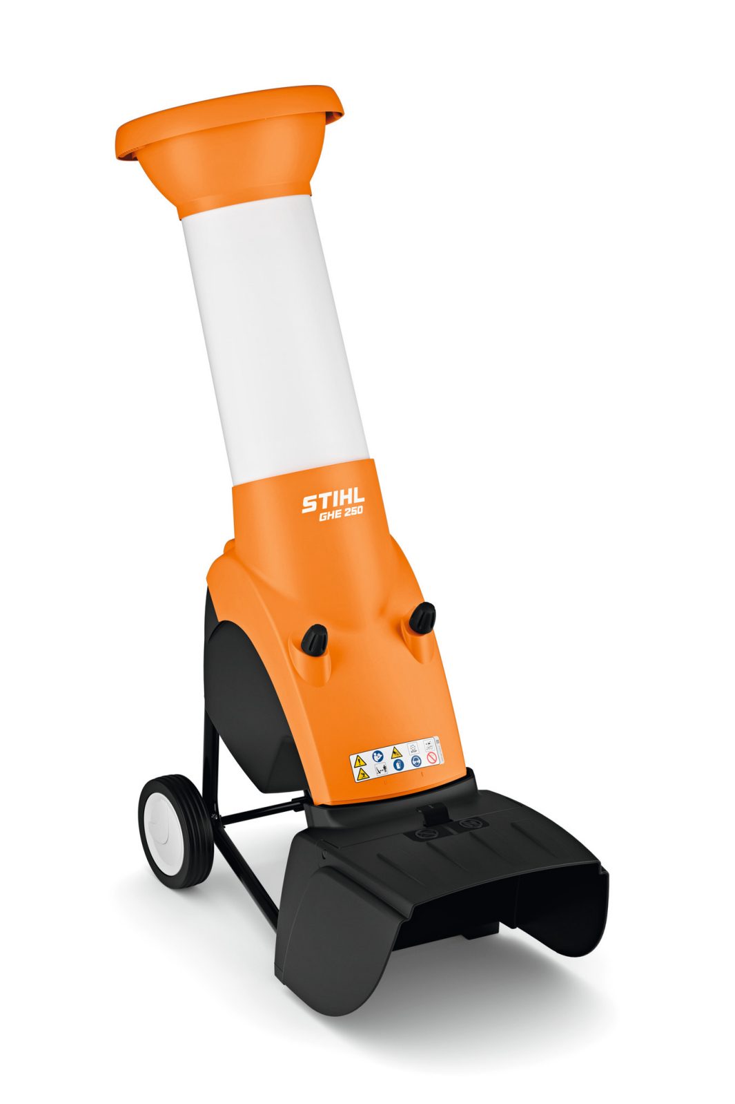 The Stihl GHE 250.0 Shredder features an orange and white top, black wheeled base, chute for branches, and front safety labels.