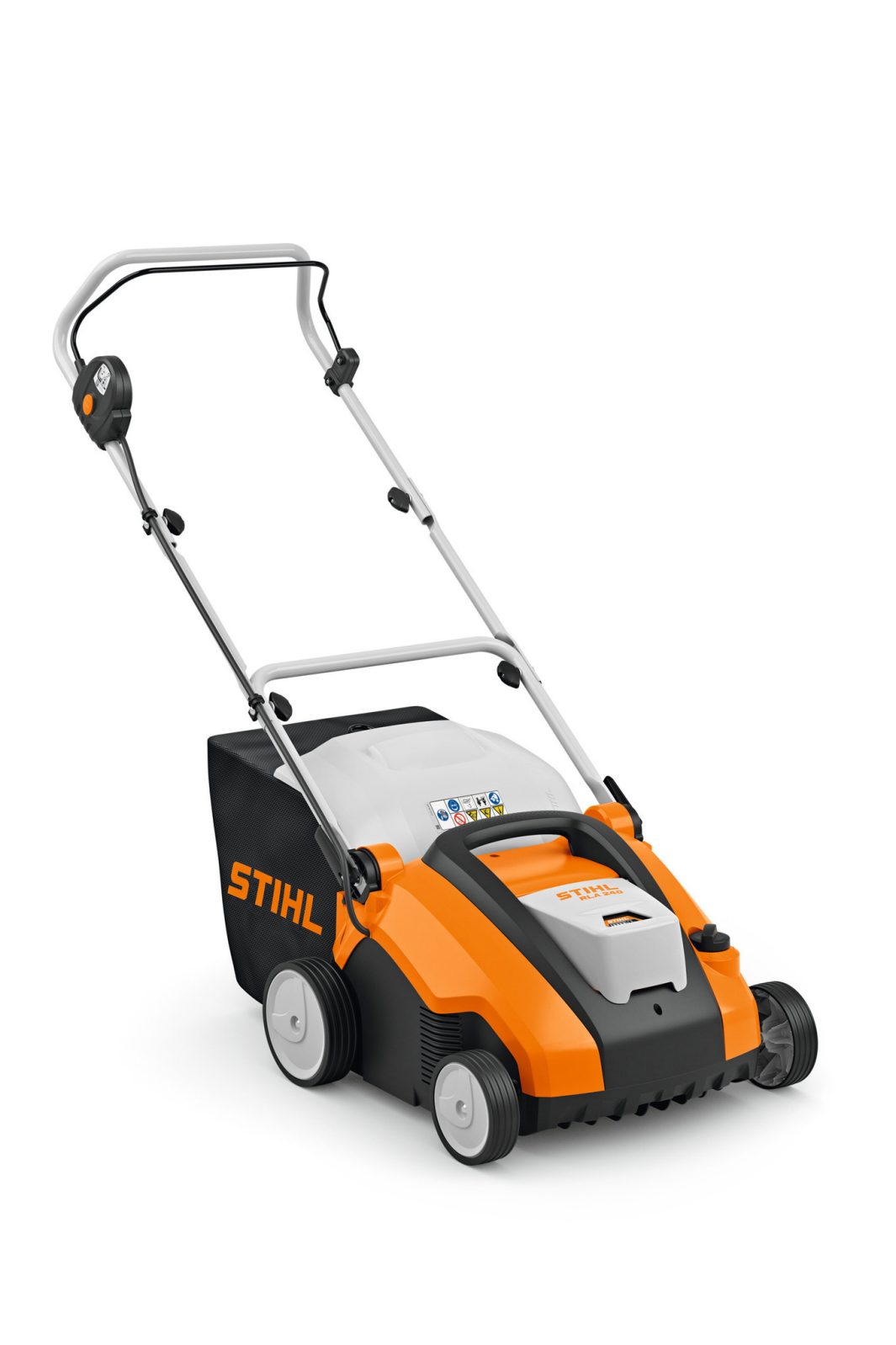 The Stihl RLA 240 (AK) Scarifier in orange, black, and white with four wheels, handlebar, and grass bag on a white background.