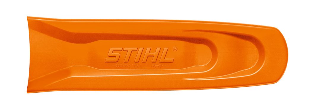 An orange plastic chainsaw bar cover.