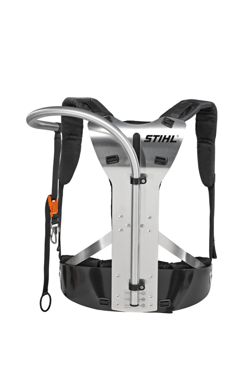 A padded harness with a metal frame and black straps, designed for carrying STIHL equipment, with an adjustable waist belt and curved support bar.