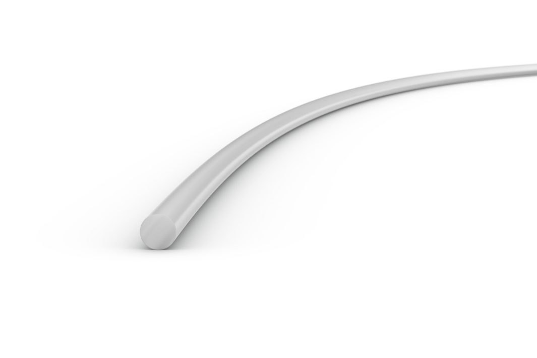 A close-up of a smooth, white cylindrical rod gently curving against a simple white background.