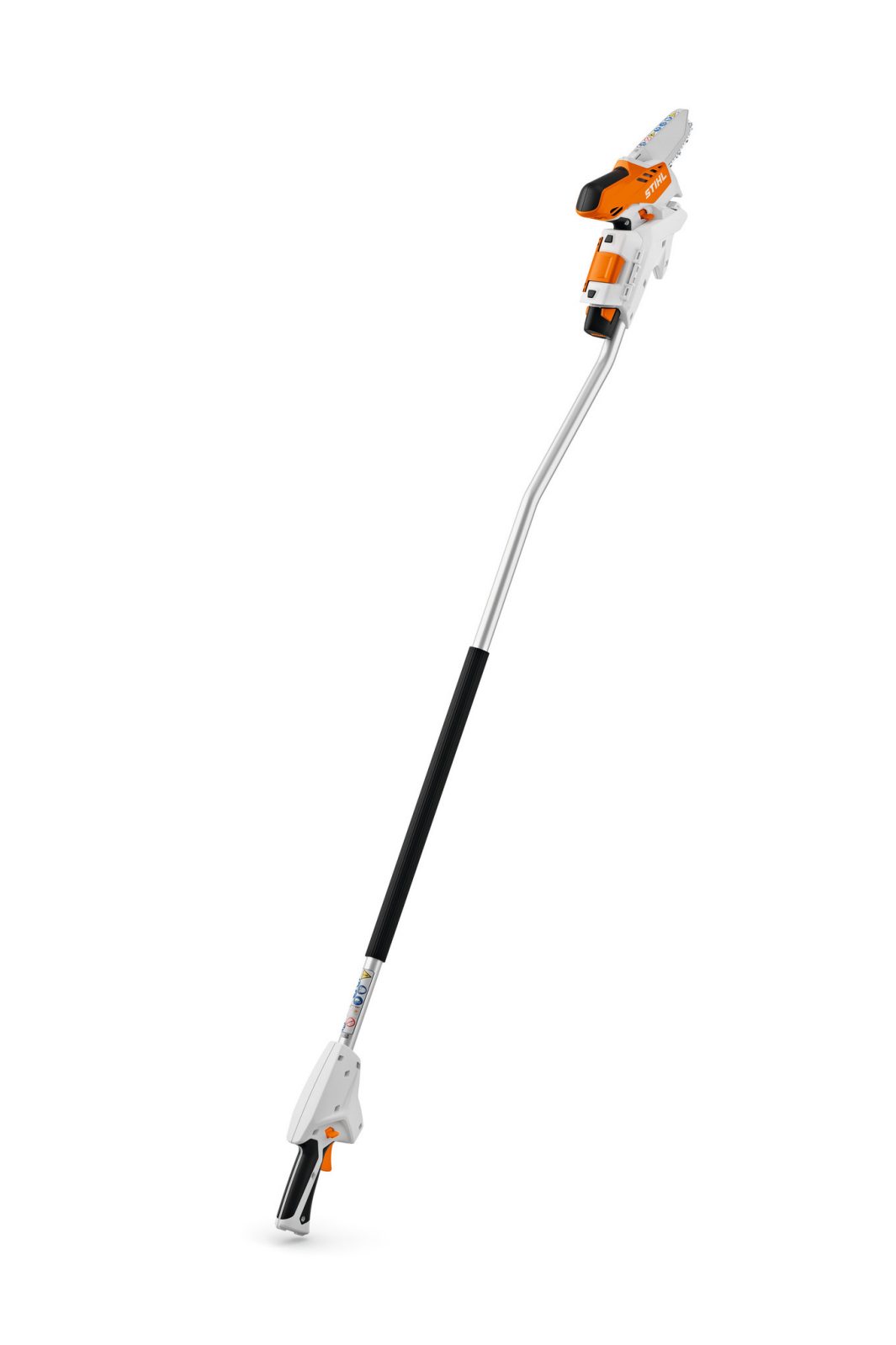 A battery-powered pole saw with a long curved silver handle, black grip, and orange-white motor housing at the top for trimming branches.