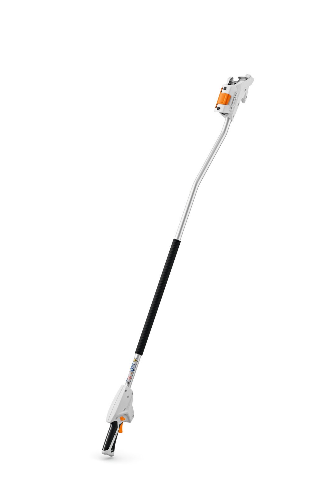 A cordless pole pruner with a long, curved silver shaft, black grip handle, and orange accents on the motor and cutting head for pruning.