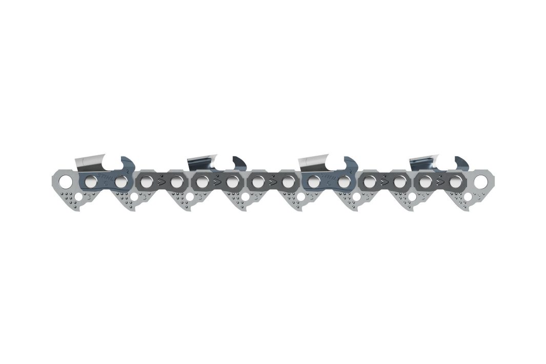A close-up of a silver chainsaw chain with sharp cutting teeth and holes along the links, on a plain white background.