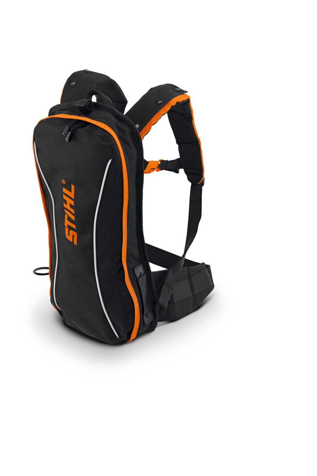 A black and orange STIHL rucksack with padded shoulder straps, zipped compartments, and a waist belt on a white background.