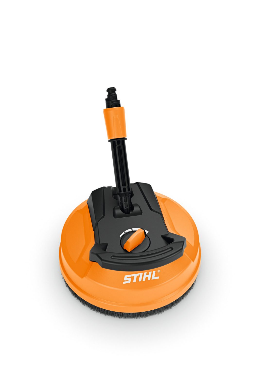 An orange and black STIHL pressure washer surface cleaner with a round base, a central rotating nozzle, and a top connector.