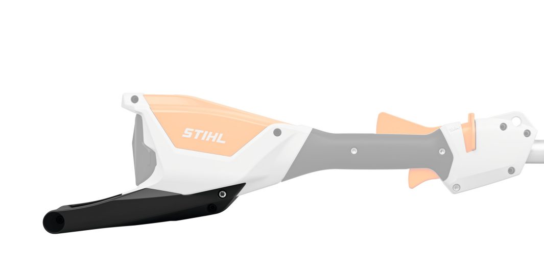 Close-up of a tool handle in white, grey, and orange, isolated on a white background with an ergonomic design and black tip.