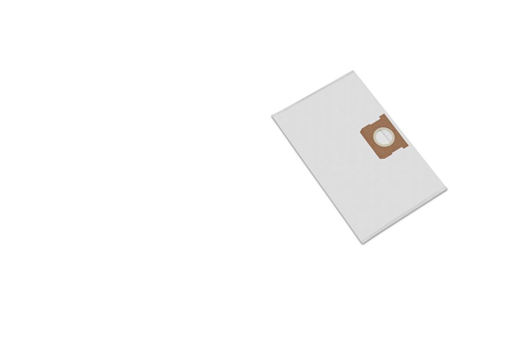 A single white vacuum cleaner bag with a brown cardboard collar and circular opening, positioned diagonally on a plain white background.