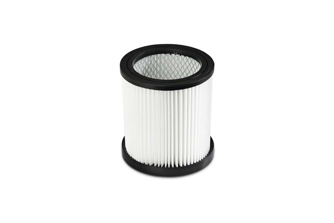 A cylindrical air filter with white pleated material, black top and bottom edges, and a mesh inner core on a white background.